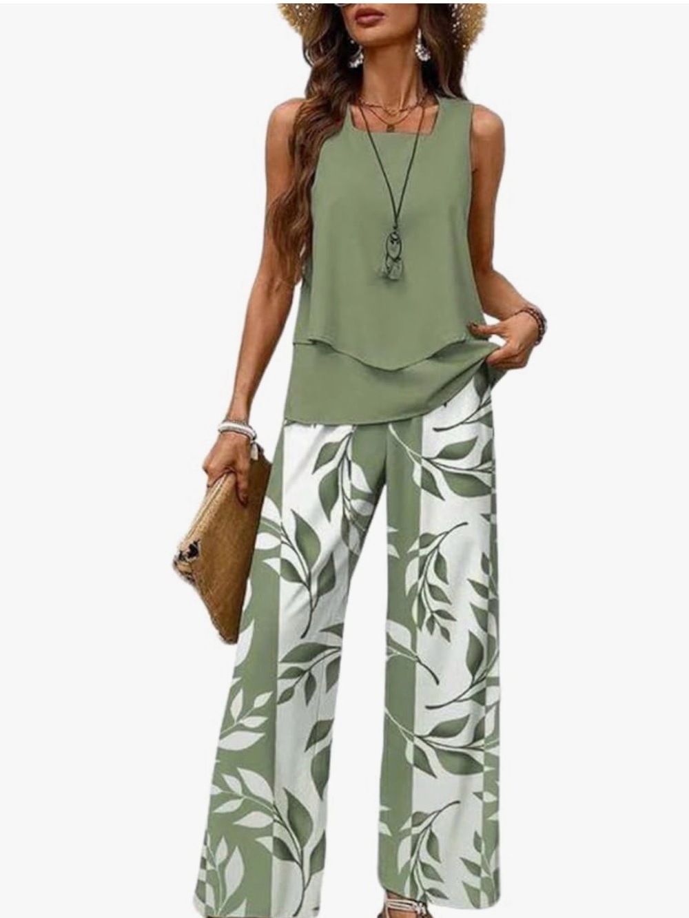 NWT - Layered Look Square Neck Tank & Botanical Wide-Leg Pants 2 piece - Medium